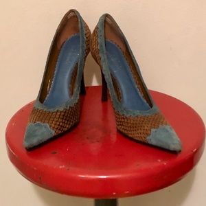 Luichiny Snake Print Brown and Blue Heels 7 1/2